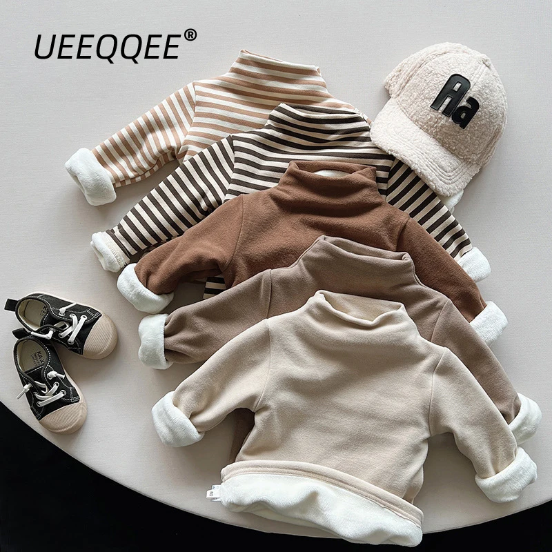 Autumn Winter Children T-Shirts 1-8Y Boys Girls Warm Fleece Turtleneck Long Sleeve T Shirts Tops Tees Kids Wear Toddler Clothing