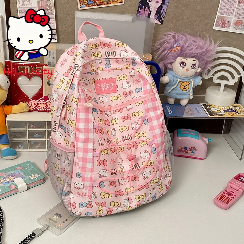 Kawaii Hello Kitty Pink Soft Girl School Bag Cartoon Y2K Girl Bow Print Oxford Cloth Travel Backpack Cute Fashion Large Capacity