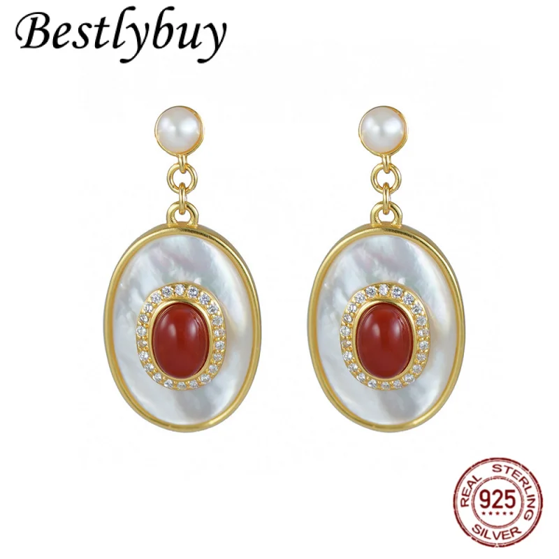 

Natural Southern Red Agate Shell Earrings Truly s92 Pure Silver High end Charm Light Luxury French Jewelry Women's Gift