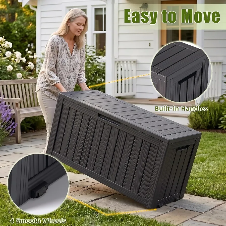 Outdoor storage box for patio use, polyresin material, gray color, waterproof and portable with wheels