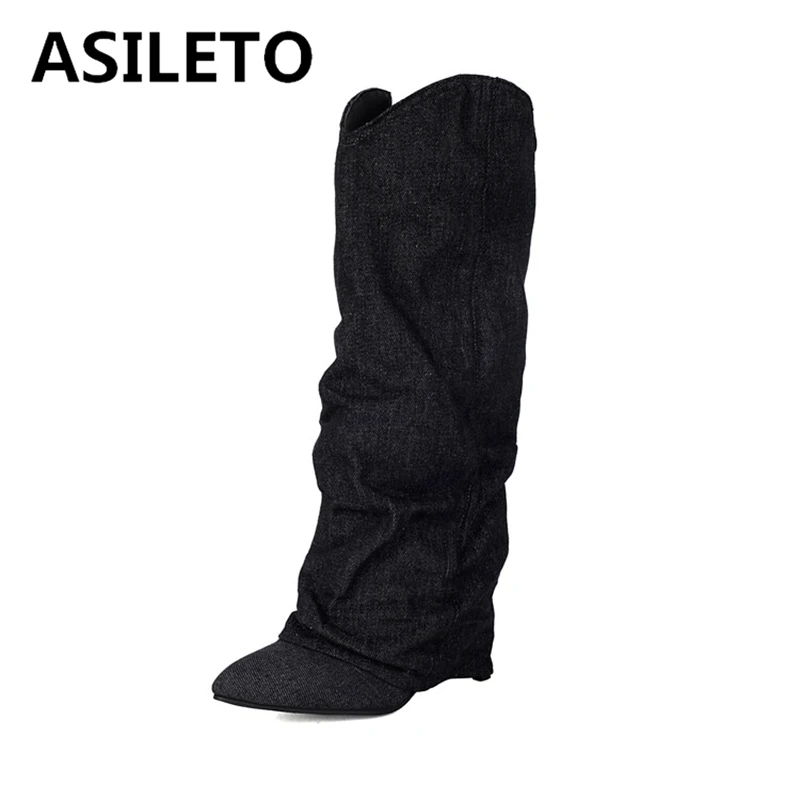 ASILETO New Fashion Tessuto Donna Stivali da cowboy occidentali Punta a punta 8,5 cm Tacchi a spillo Plus Size 44 45 46 Pantaloni da donna Scarpe Blu