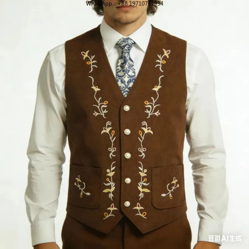 Men's Corduroy Embroidered Vest British Style V-neck Single Breasted Waistcoat Casual Business Banquet Sleeveless