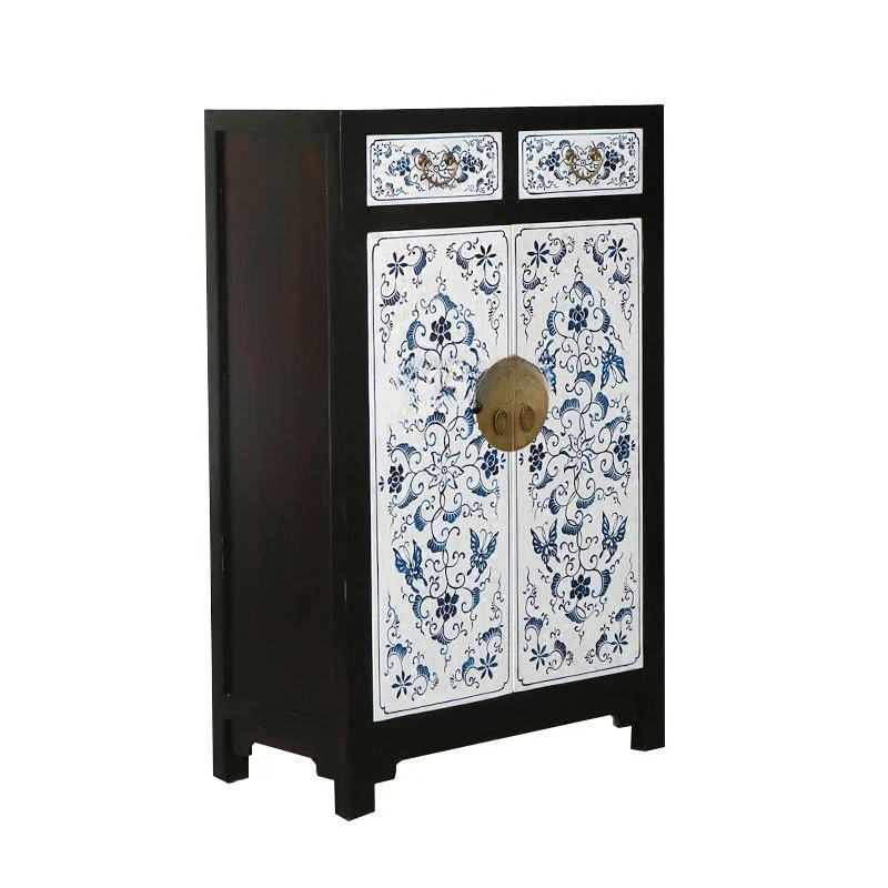 

Современный новый китайский сине-белый входной шкаф, белый ретро-раскрашенный вручную декоративный обеденный шкаф из цельного дерева, простой