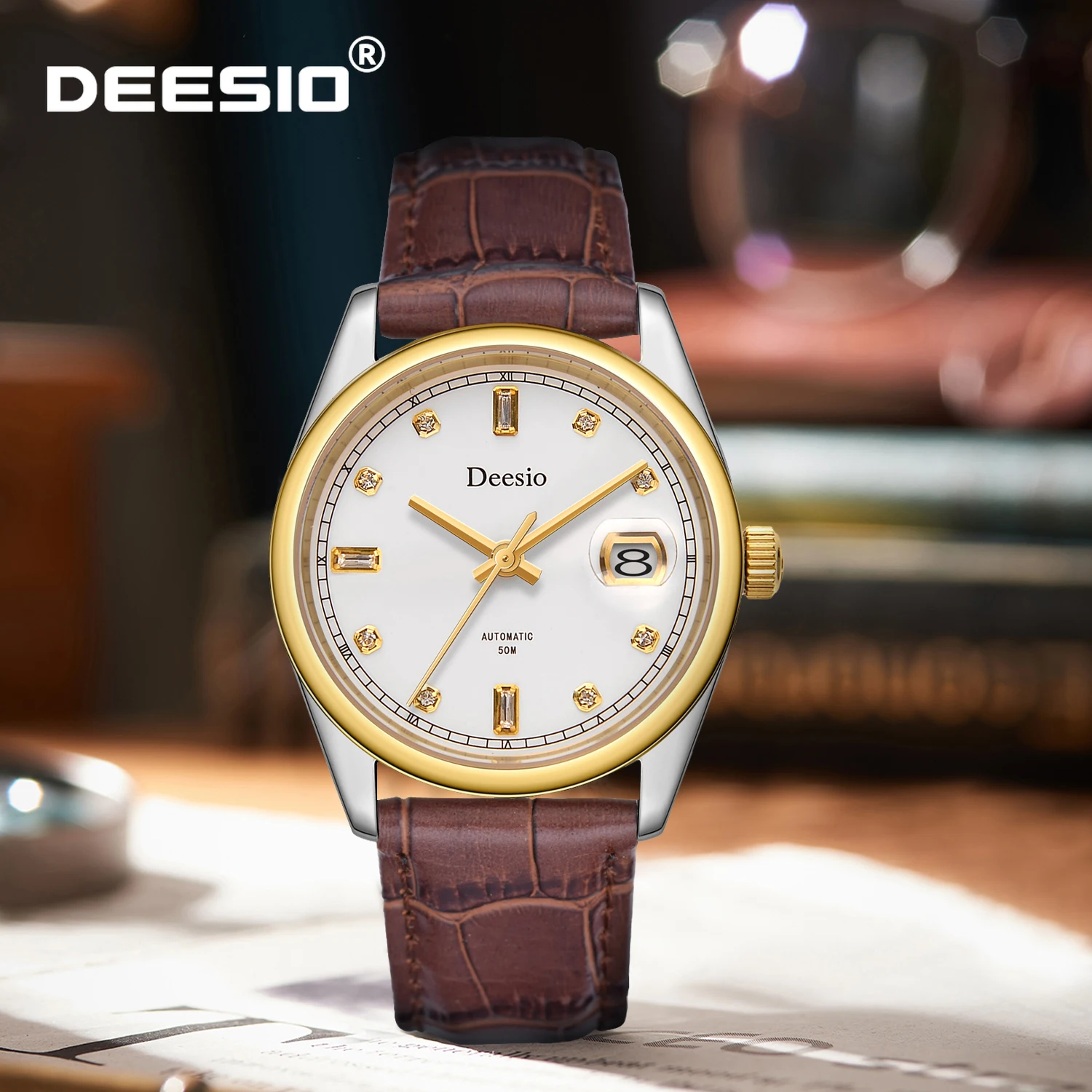 

Deesio мужские автоматические часы корпус из нержавеющей стали ремешок из натуральной кожи светящиеся стрелки водонепроницаемые деловые повседневные наручные часы