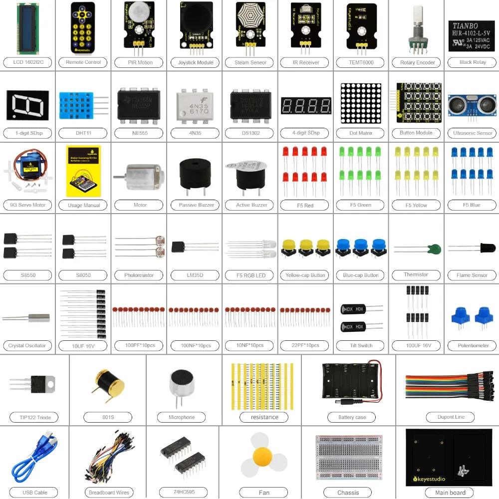 Keyestudio Maker Learning Kit/Starter Kit(NO UNOR3  Board) For Arduino  Starter W/Gift BOX+UNO Platform +1602 LCD+Servo+LEDs+PDF