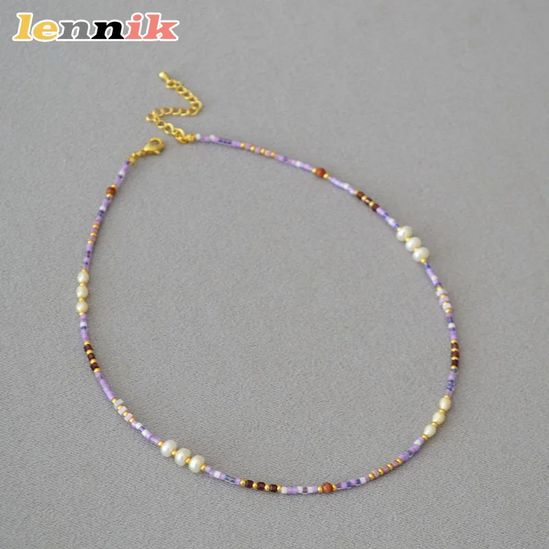LENNIK Natural Garnet Necklace,Freshwater Pearls & Violet Seed Beads , Elegant Adjustable Choker for Women,Must-have Accessory