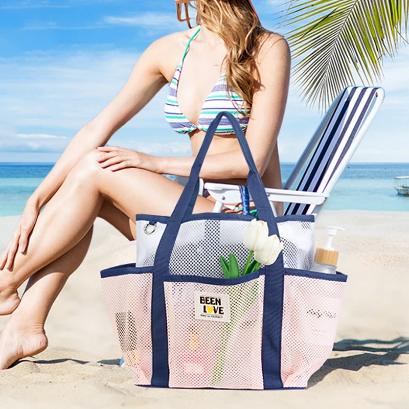 Large Beach Mesh Bag with Multi Pockets Portable Sandproof Storage Bag Tote for Beach Swimming Vacations Travel Outdoor