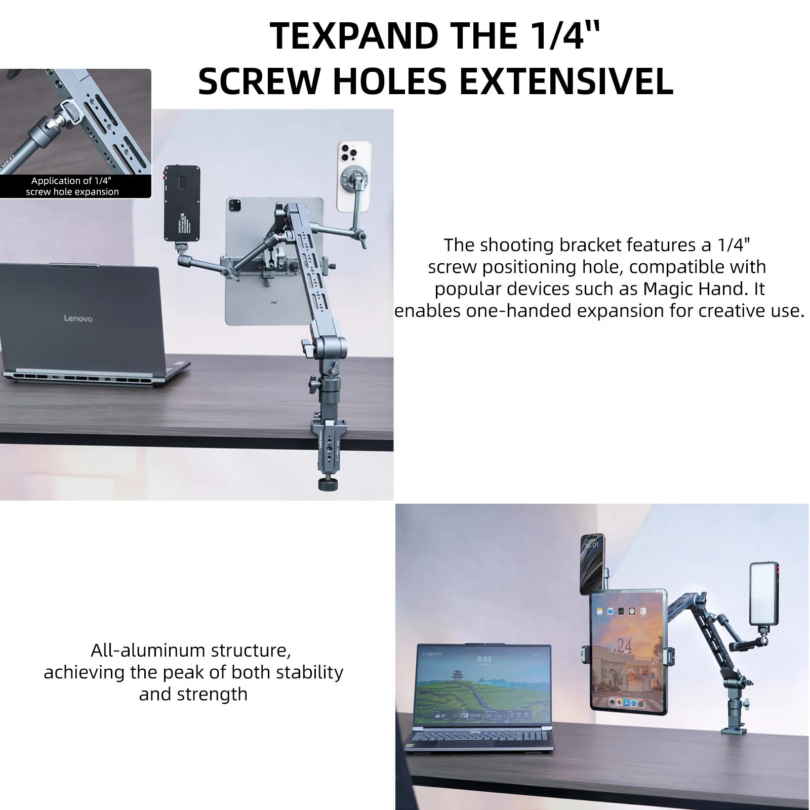 LEAPLIGHT Overhead Metall-Magic-Arm Kameraständer Gelenkarm 360° ° Drehbarer Cantilever-Ständer, Tischständer für Telefon/iPad – Detail 7