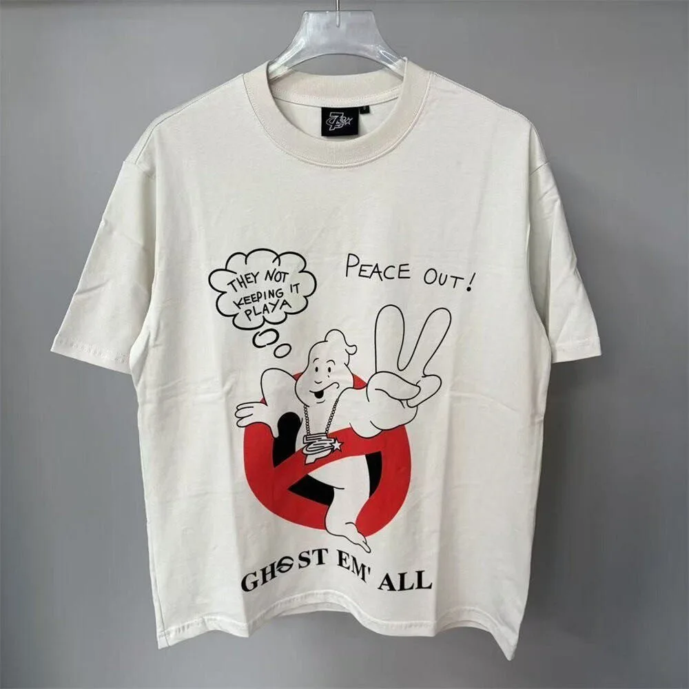 TRIPLE SEVENS Vintage Washed Antique Short-Sleeved T-Shirt - Men's and Women's Cartoon Printed Round Collar Casual Shirt