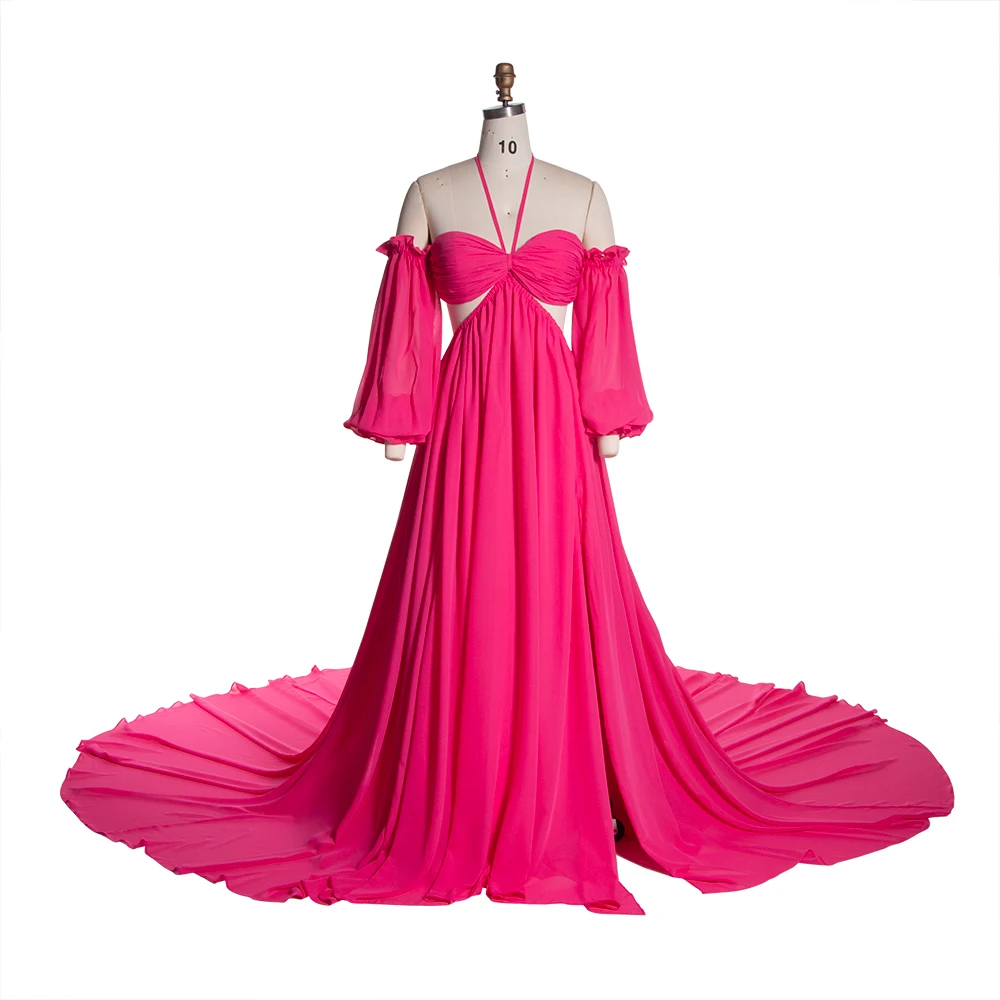 

Boho Chiffon Maxi Dress Side Leg Slit Detachable Sleeves Flowy Beach Photoshoot Dress Elegant A Line Photography Gown Custom