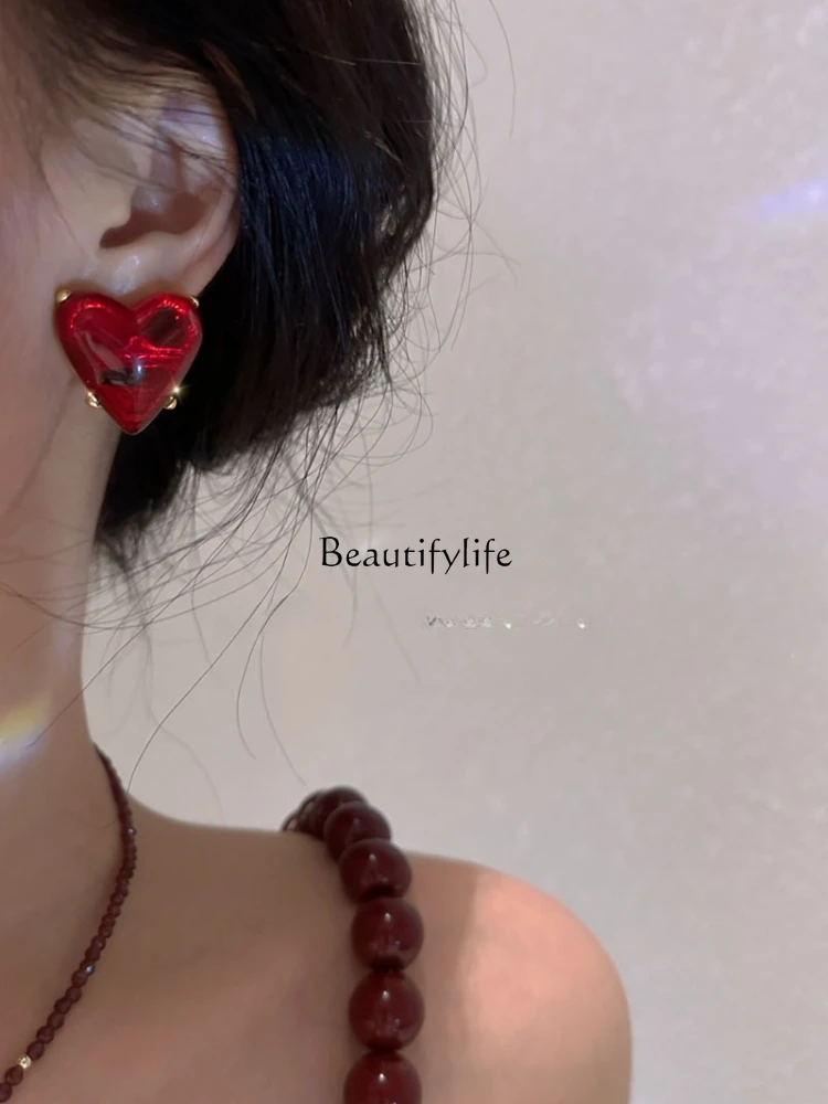 Ancient Chinese Style Glass Wine Red and White Vintage Earrings, High-Grade Exaggerated Earrings, European and American Love