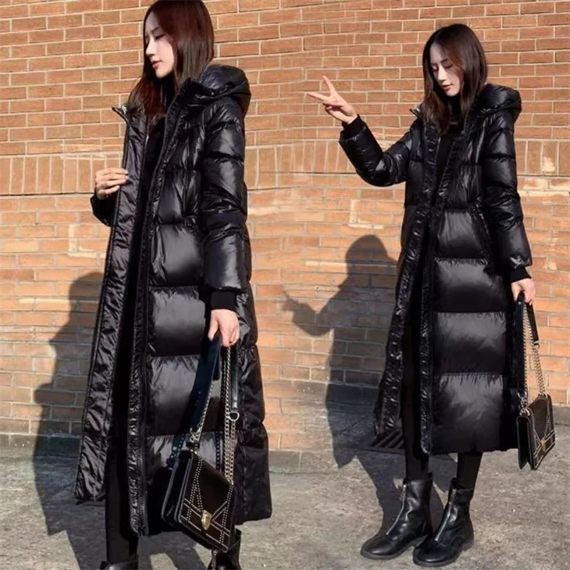 2024 New Black Down Cotton-padded Jacket Korean Version Long Bright-faced Cotton-padded Jacket Woman Thickened Slim Top