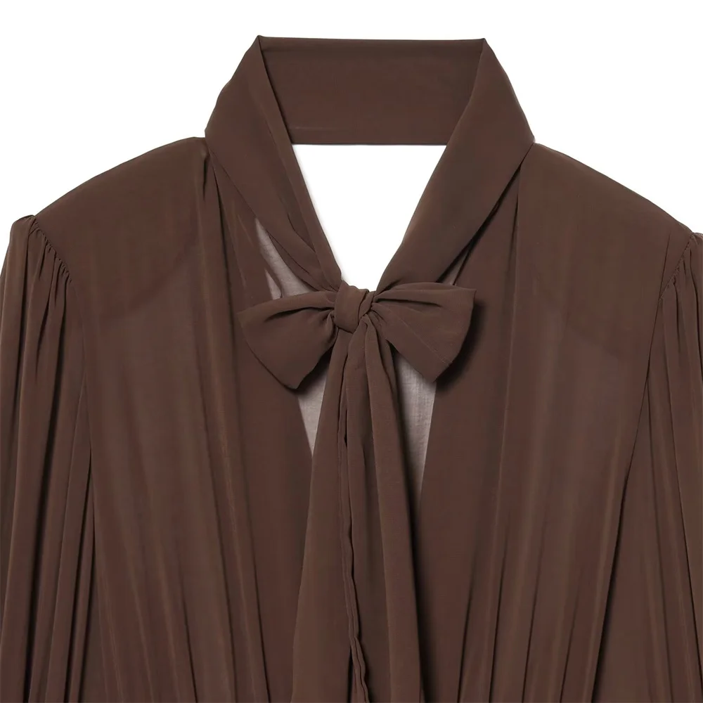 ملابس نسائية شتوية جديدة بمزاج نحيف مع وسادات كتف وأكمام طويلة وياقة واقفة وفتحة على شكل فيونكة فستان قصير