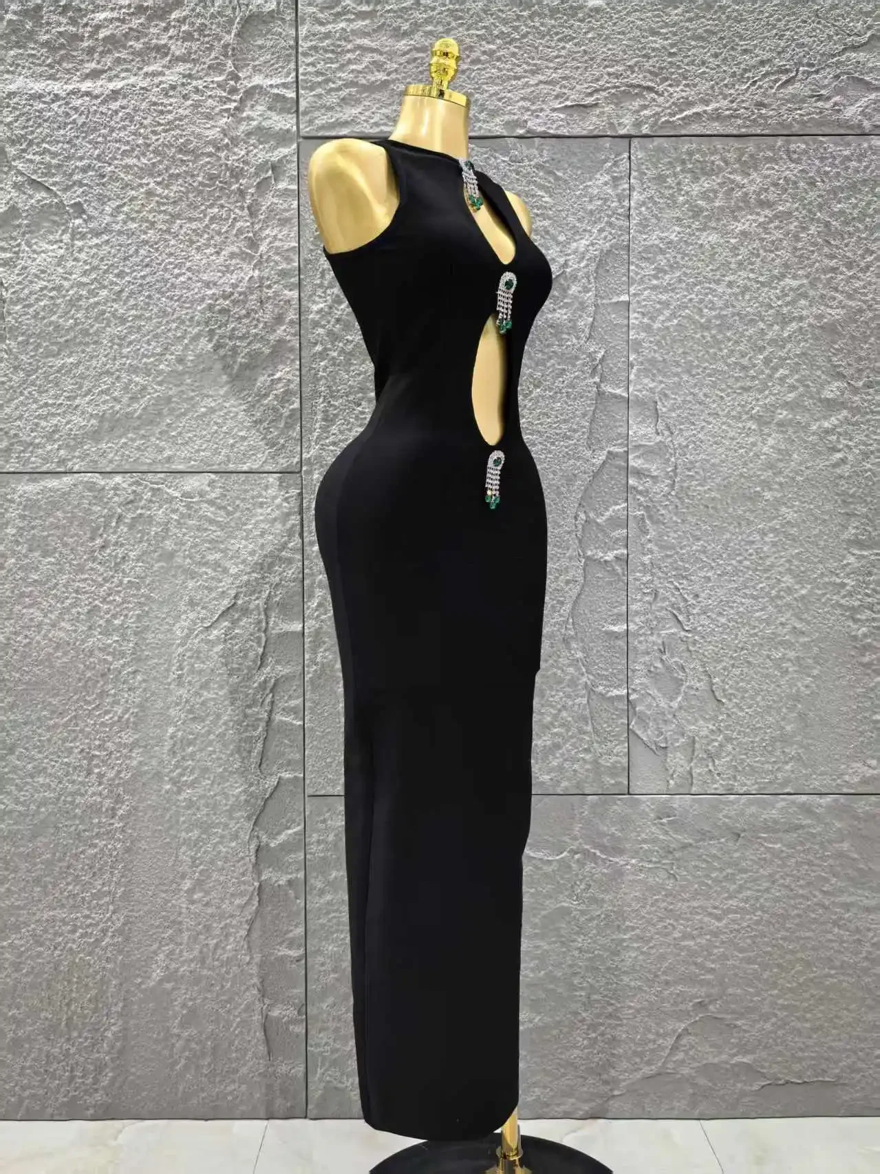أعلى جودة المرأة أكمام مثير ثقوب المفتاح التسلق الماس Bodycon فستان طويل ضمادة مساء حفلة احتفال فستان كوكتيل