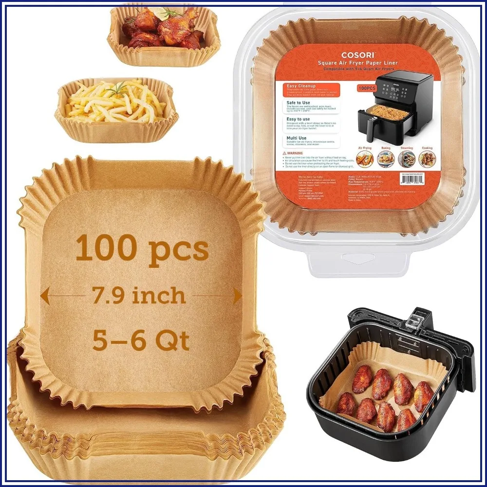 100 Pcs Square Disposable Air Fryer Liners, 7.9" Non-Stick Silicone Coating, Thick & Heat Resistant to 465°F, Easy Cleanup