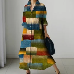 Womens Fashion Retro Splicing Printed Long-sleeved Dresses Fall And Winter Single-breasted Loose Dresses New Lapel Shirt Dresses
