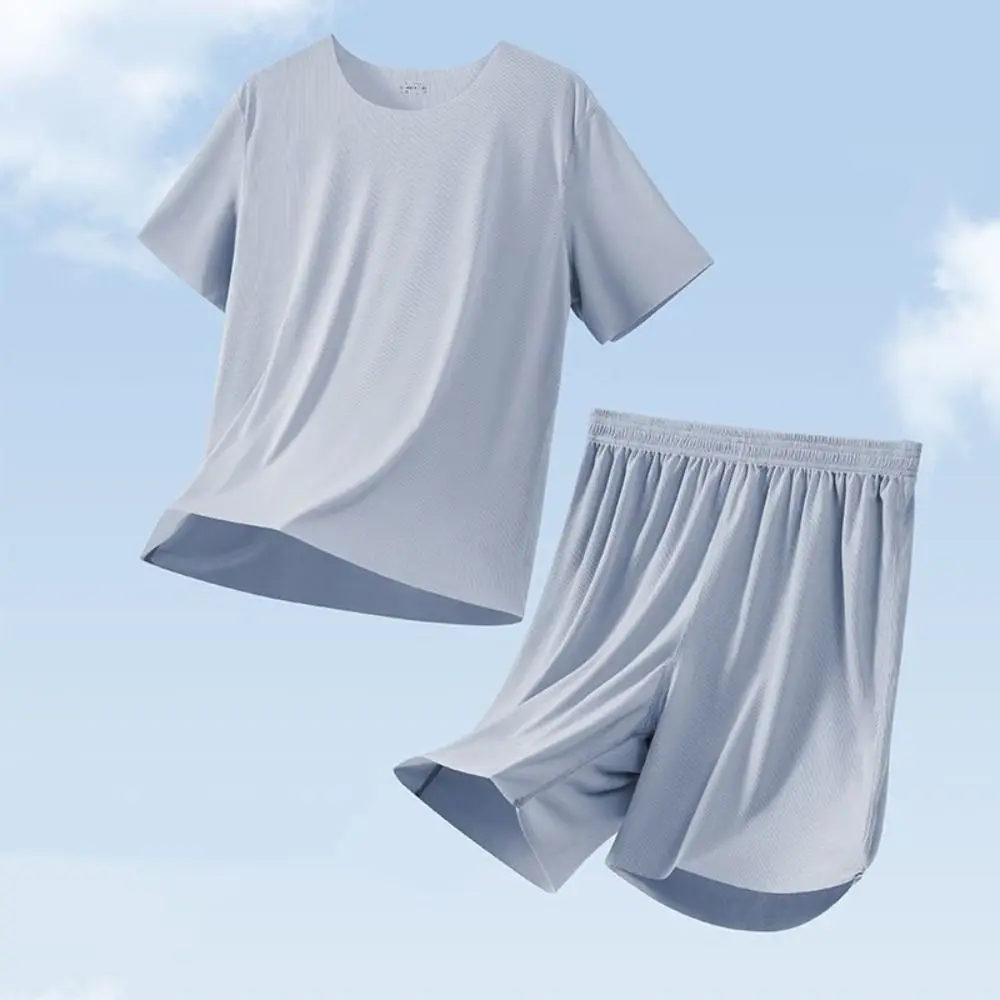 موضة سلس قصيرة الأكمام ملابس خاصة دعوى فضفاضة بسيطة الرجال الصيف منامة ملابس المنزل الحرير الجليد 2 قطعة ملابس نوم مجموعة الصيف #4