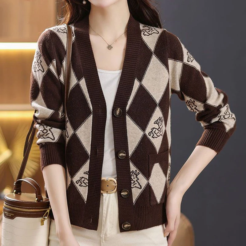 

Women's Fashion Elegant Long Sleeve Plaid Sweaters Cardigan Autumn Winter New All-match Button Knitted Tops Female Clothing N351