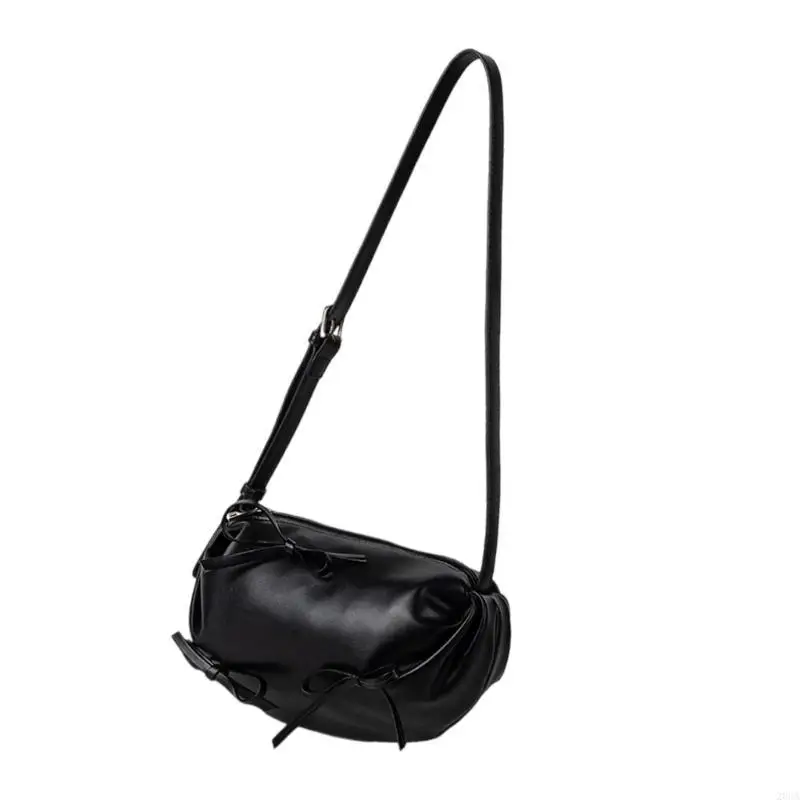 

Soft PU Leather Zippered Shoulder Bag with Bows Women Pleated Crossbody Purse 20CA