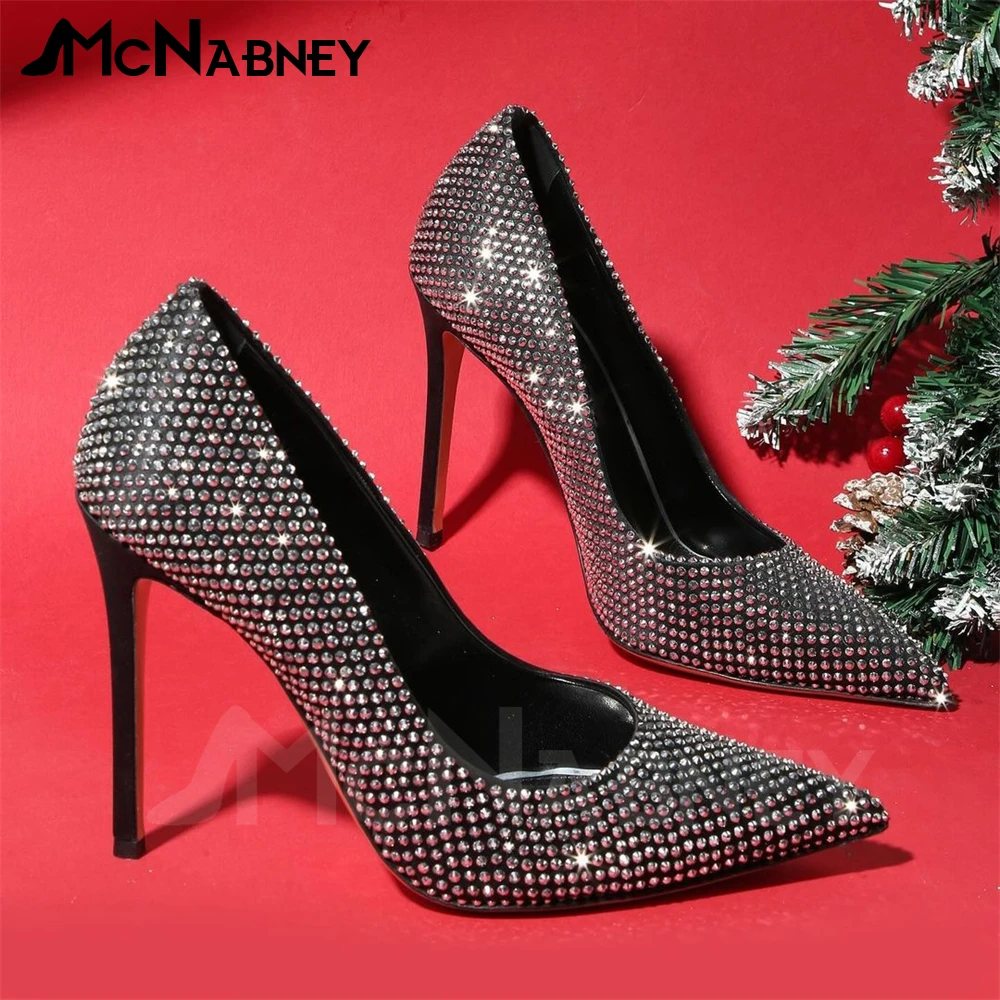 

Silver Shiny Crystals Pumps Luxurious Pointed Toe Stiletto Heels Sexy Bling Bling Slip-On Shoes for Women Elegant Banquet Heels