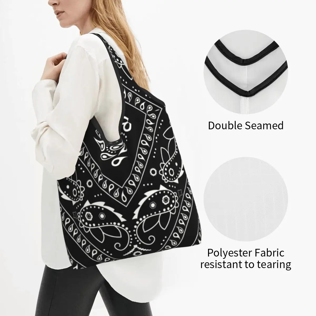 Funny Black Bandana Pattern Shopping Tote Bag Portable Paisley Style Groceries Shopper Shoulder Bag