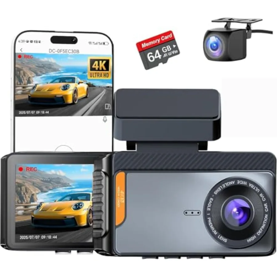 

4K dual channel dash cam for cars: front and rear, 170 wide angle, 3 IPS screen, built-in GPS G-sensor, 24H parking mode, 5.8GH