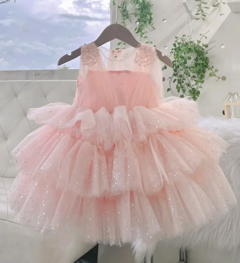 

Customized Pink Flower Girl Dresses For Wedding Pearls Lace Tulle Lovely Puffy Baby Birthday Party First Communion Pageant Gown