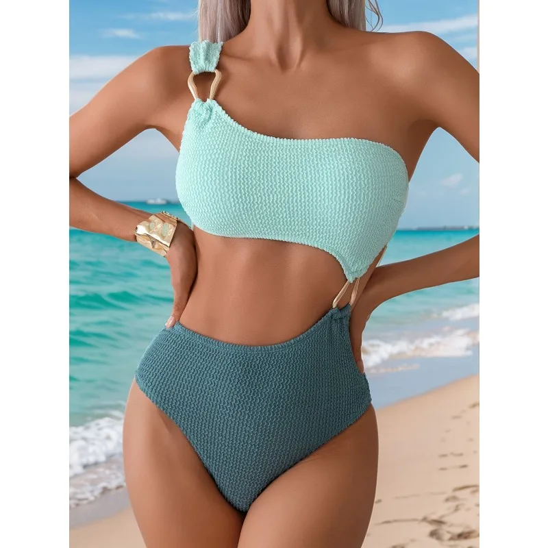 

Новый сексуальный женский слитный купальник-бикини 2026 года с узором под змеиную кожу, вырезами и цветовыми блоками, трансграничный дизайн