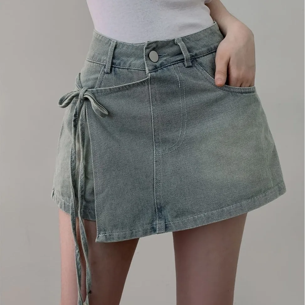 

High Waist Denim Shorts Women's Summer Fashion Asymmetrical Tie Belted Skirt Sexy Little Sister Straight Leg Pants