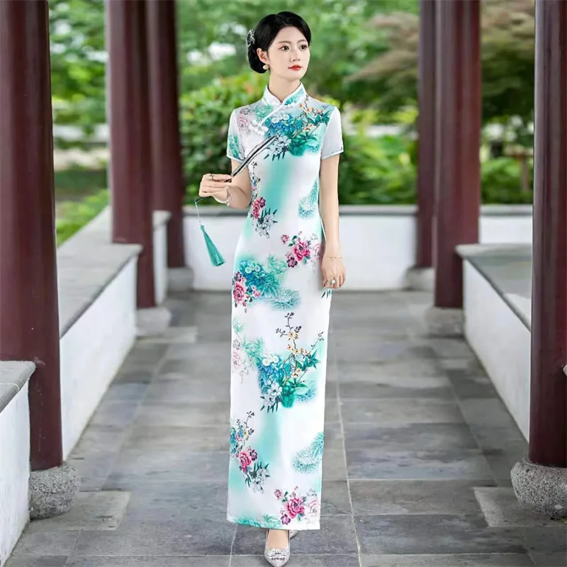 

High-grade Women Fashion Short Sleeve Improved Cheongsam Summer Ladies Plaid Maxi Dress 2025 Female Large Size 5XL Long Dresses