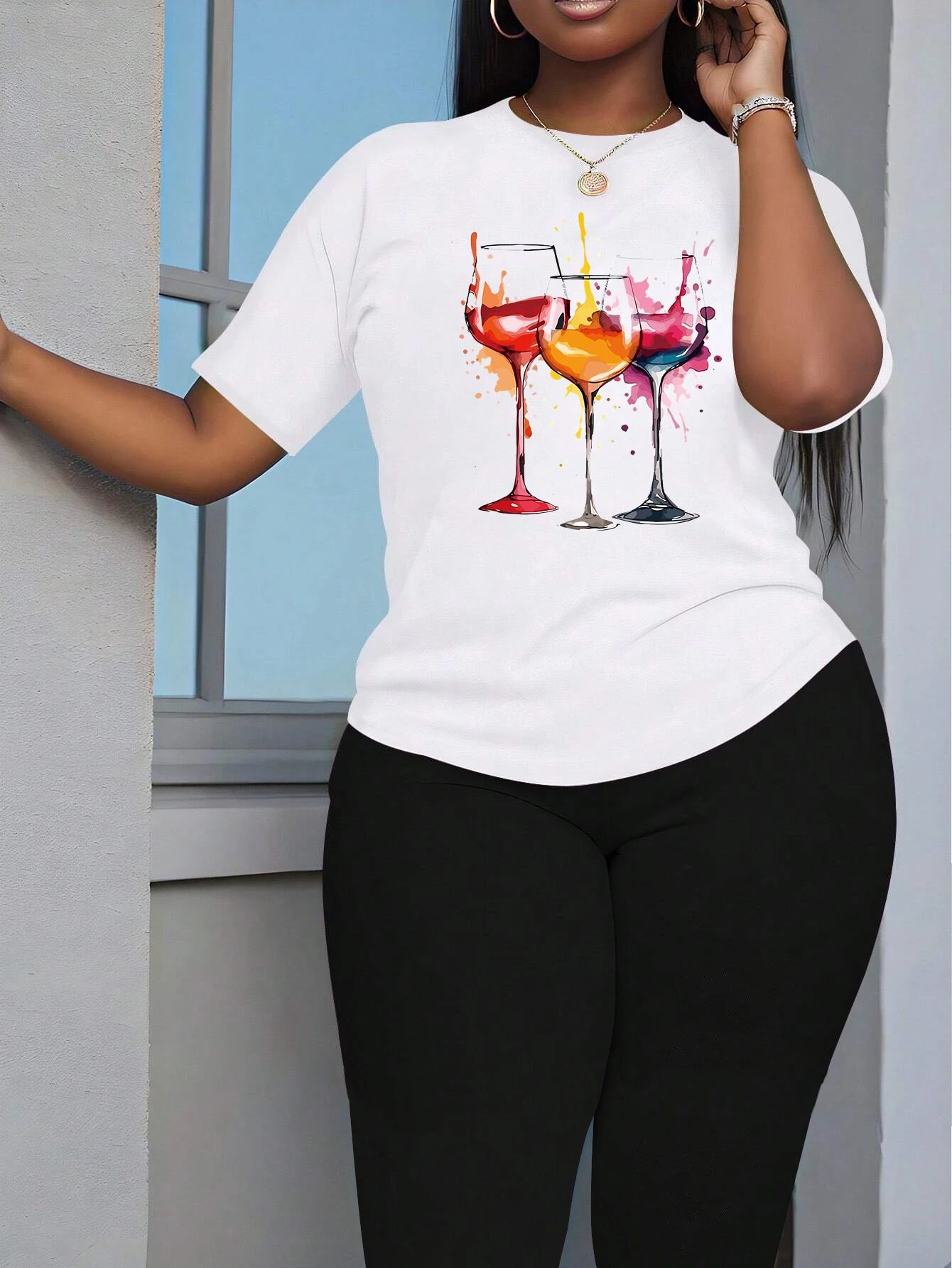 

Colorful High Footed Cup Print Women Round Neck Fashion T Shirts Two Piece Set Comfortable Elastic Versatile Pants Sets Female