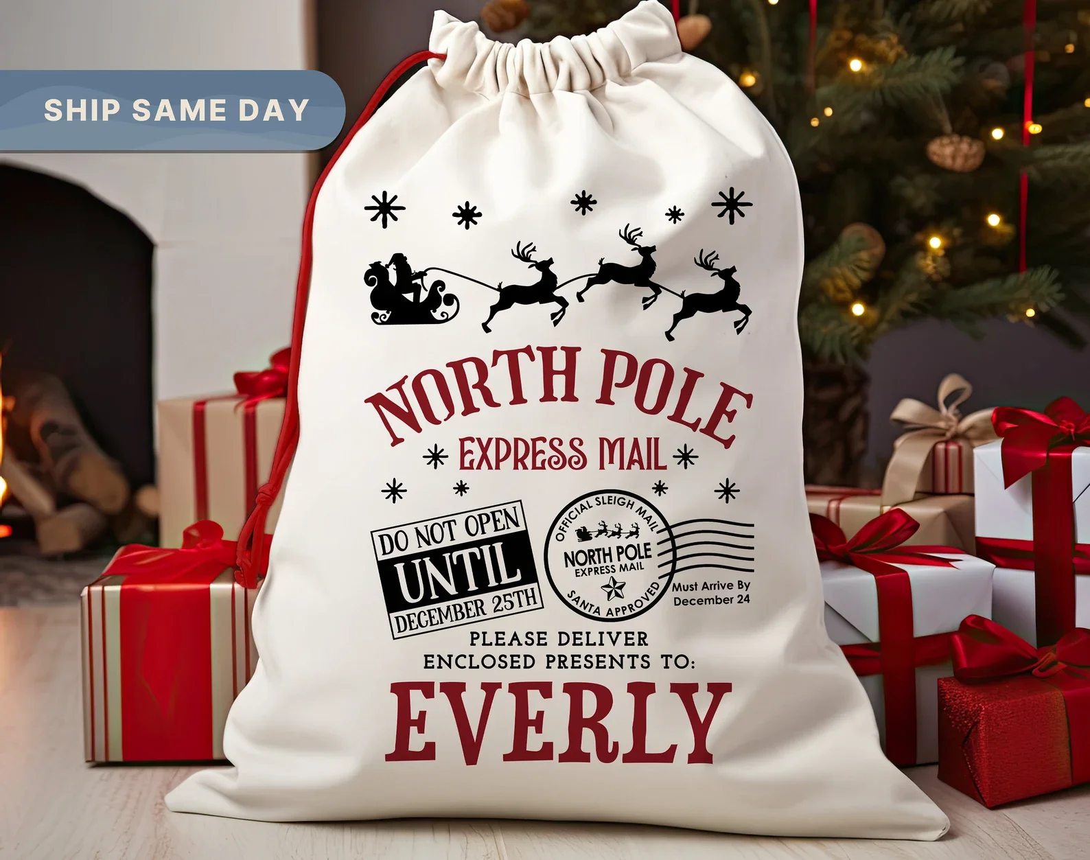 Personlized Kids Sack North Pole Santa Sack, Presents Bag, Christmas Gift Sack,  Personalized 2024 Christmas Santa Sack for Her