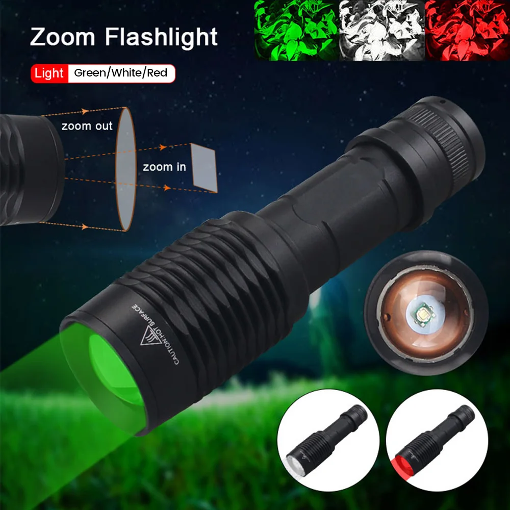 LED Tactical Hunting Torch Flashlight White/Red/Green Flashlight Waterproof Outdoor Lighting with Switch USB Rechargeable Lamp