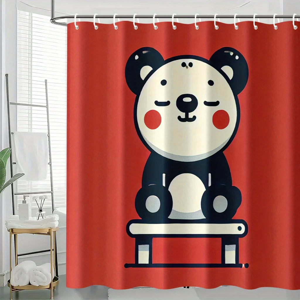 Cute Panda Bear Shower Curtain, Red Background Cartoon Animal Print Waterproof Bath Curtain, Kawaii Bathroom Decor for Kids