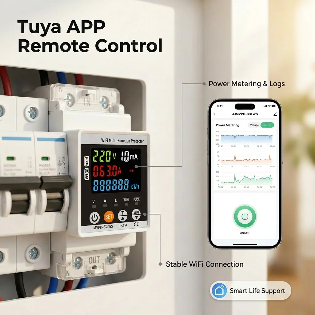 Reliable WiFi Tuya APP Single Phase 220V AC Voltage Protector 63A Triple Digital Screen Leakage Guard for Distribution Panels