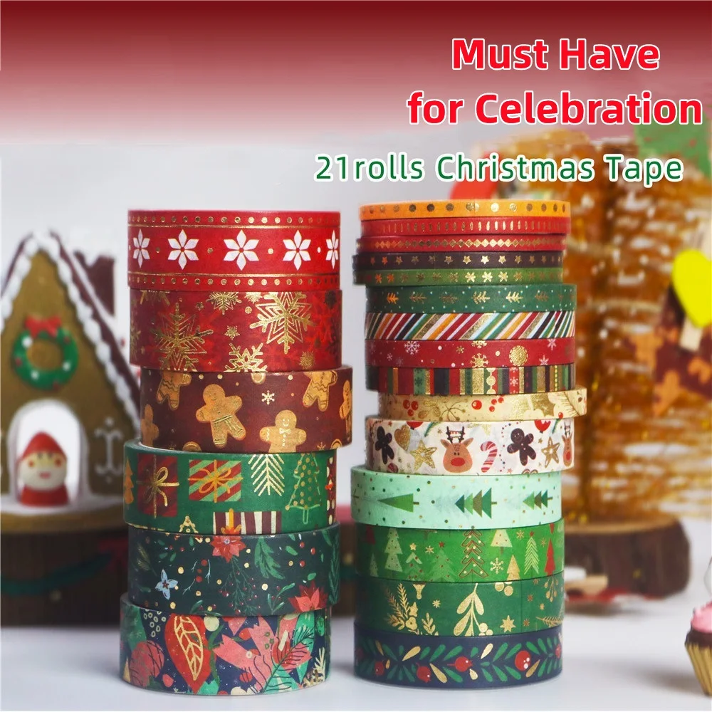 21pcs Merry Christmas Washi Tapes Set Gold Foil Slim Adhesive Masking for Diary Album Home Celebration Decoration A7186