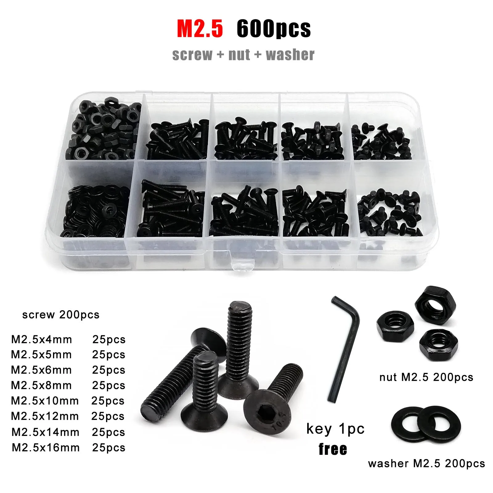 1 Box M2 M2,5 M3 M4 M5 M6 M8 Sechskant Innensechskant Innensechskant Flachsenkkopfschraube Bolzen Mutter Sortiment Kit Schwarz Güteklasse 10,9 Stahl – Detail 4
