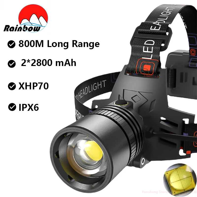 High Powerful XHP70 Zoomable Headlamp Super Bright Outdoor Headlight Torch Waterproof Head Flashlight Usb Head Lamp Hike  Light