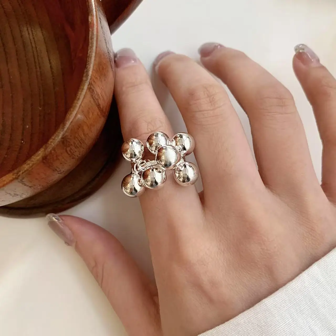 Ring Grape Cluster Beaded Open Adjustable Retro Silver Plated Alloy Unique Elegant Stackable Versatile Jewelry Women