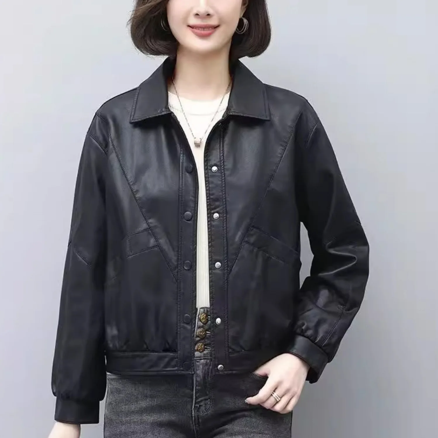 Women's Turn down Collar Single Breasted Big Pocket Cropped Faux Leather Jacket Elegant Slimming Comfort All-match Commute Coat