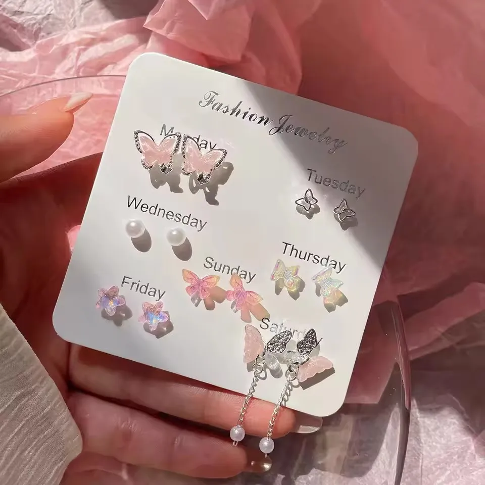 7PCS SET Trend Pink Flower Butterfly Star Pearl Stud Earrings For Women Cute Exquisite Aesthetic Jewelry Wholesale Direct Sales