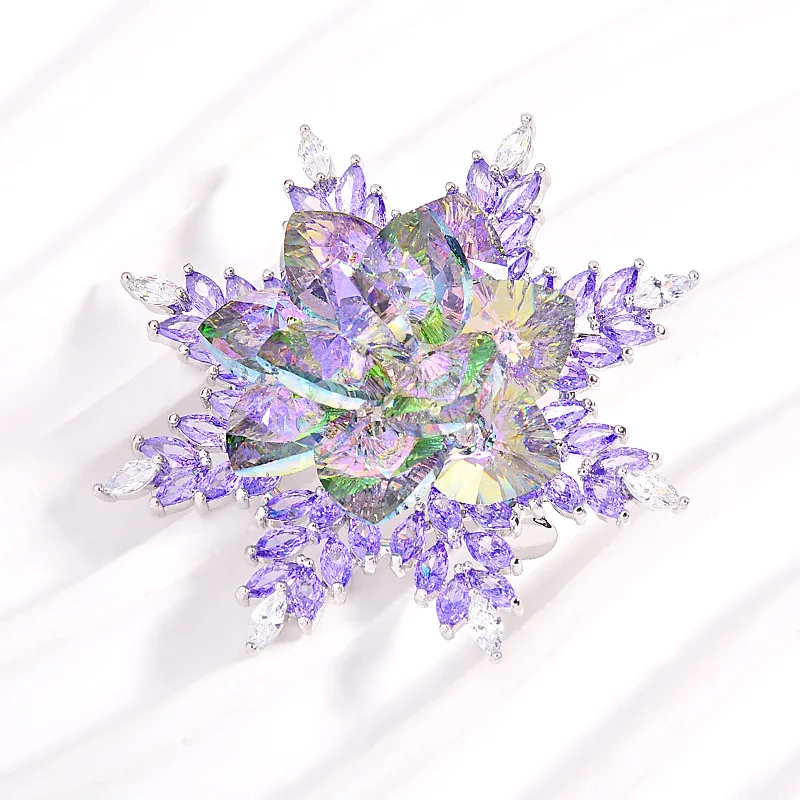 Snowflake Brooch, Amethyst Crystal Flower Pin, French Style Luxury Jewelry for Women