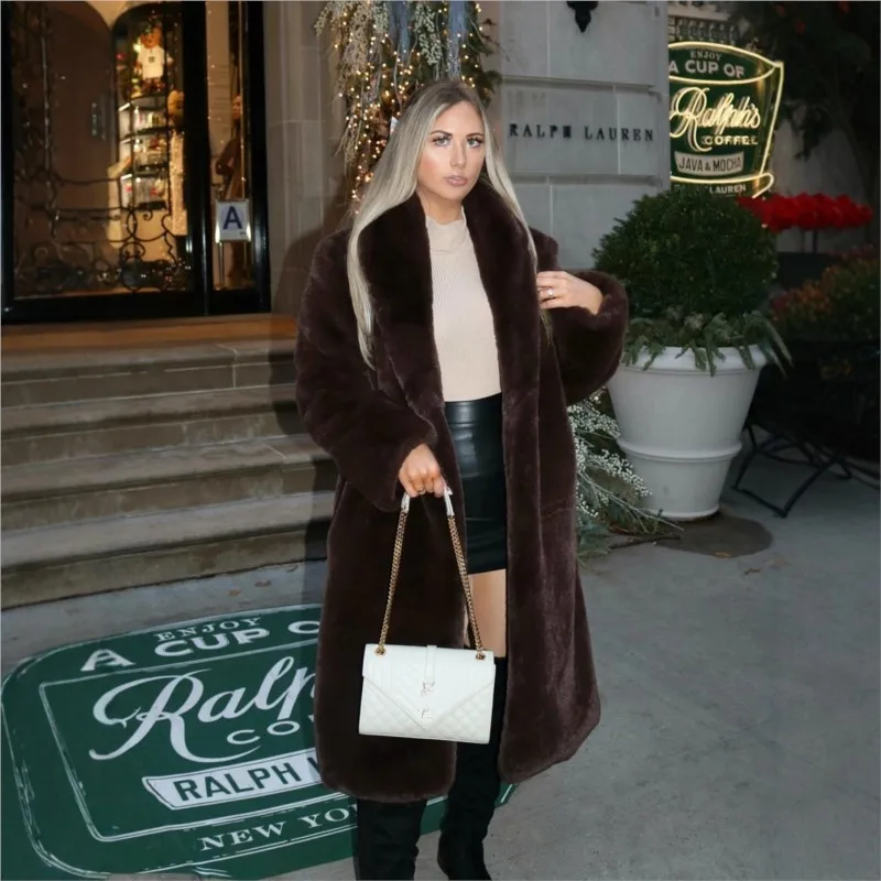 معطف فرو مختلط بياقة فواكه خضراء طويل للنساء #2