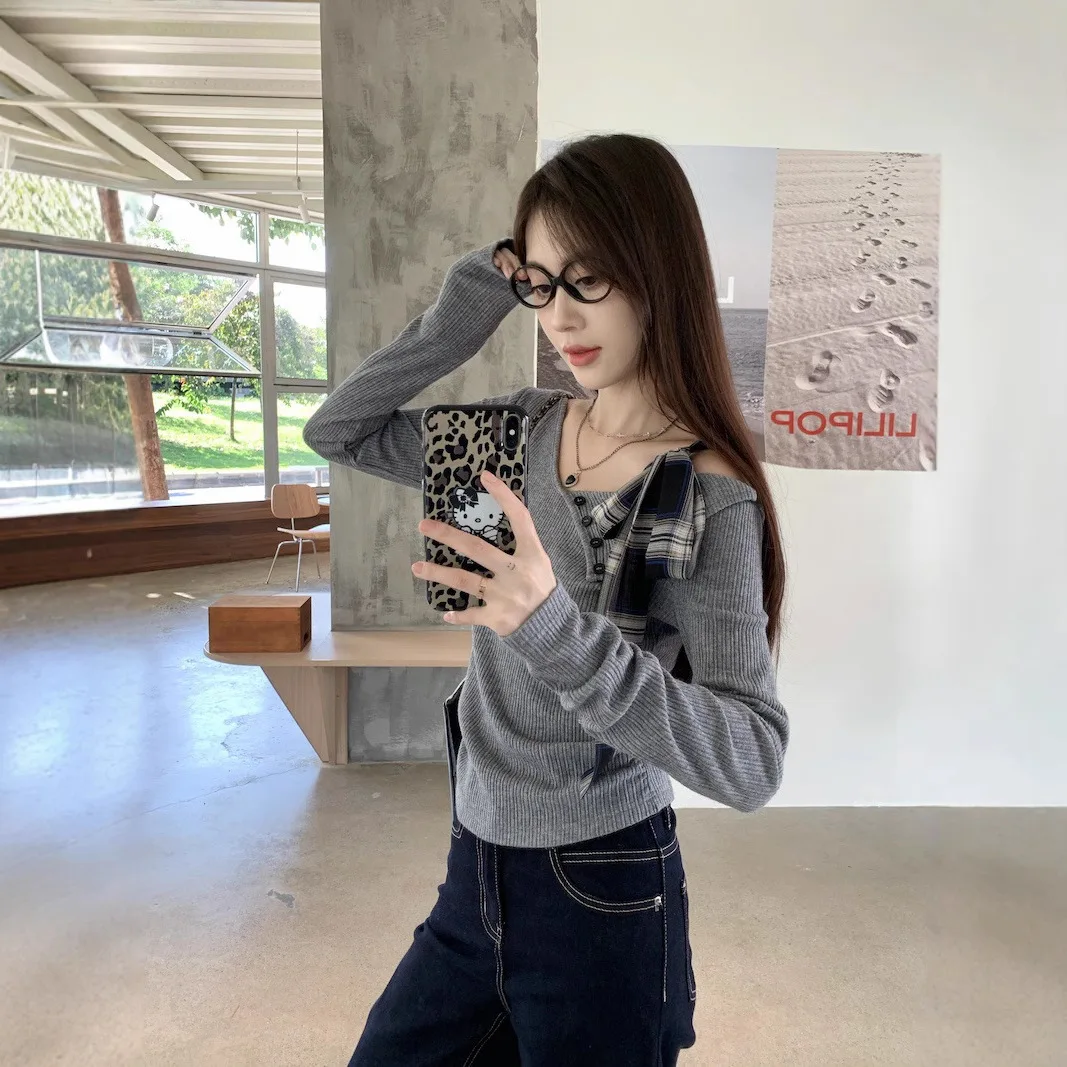 

High Quality Hot Selling Wholesale Spring Autumn Gray Irregular Bow T-shirt Slim Fit Long Sleeved Inner Layer Bottom Shirt Women