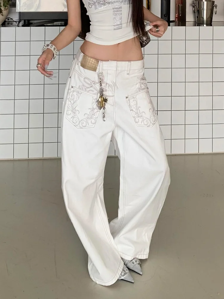 American High Street Design Embroidered White Jeans Women's Sexy Reverse Pocket Floor-Length Knife-Shape Pants
