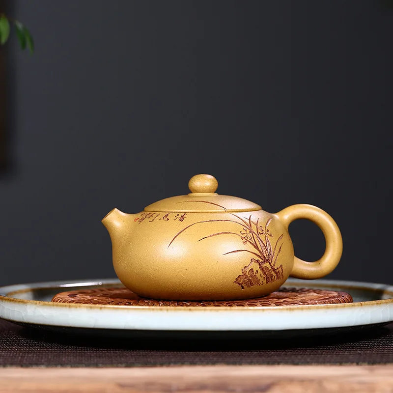 Dropshipping Yixing Pure Handmade Original Ore Purple Clay Teapot With Engraved Patterns Flat Milk-Shaped Xishi Teapot High-En