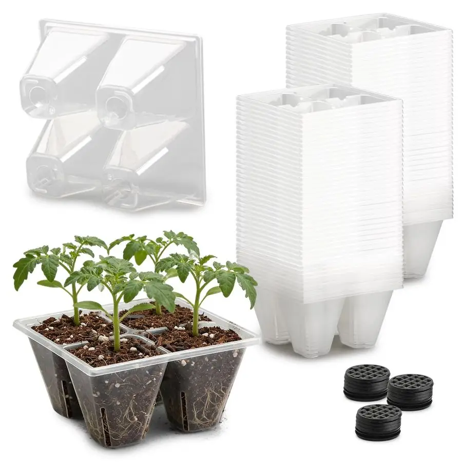 

Pack Reusable 4Cell Clear Seed Starter Trays Extra Large Drainage Holes, Easy Transplant, Clear Transparent Tray for Root Observ