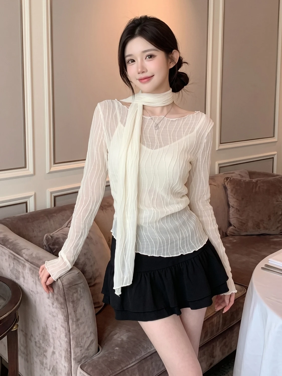 Early Autumn New Style Long Sleeve T-Shirt Women's Slimming Thin Wave Pattern Bellini Belt Casual Fashion Top for Girls