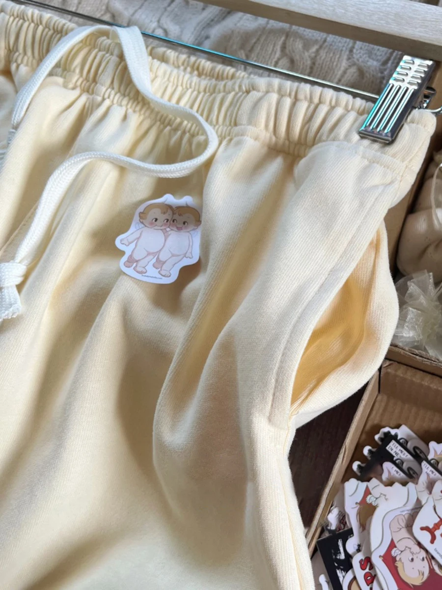 Botergeel Tankbroek 2-delige set Dames Plooien V-hals Slanke crop top met trekkoord Rechte joggingbroek Leuke katoenen thuissets