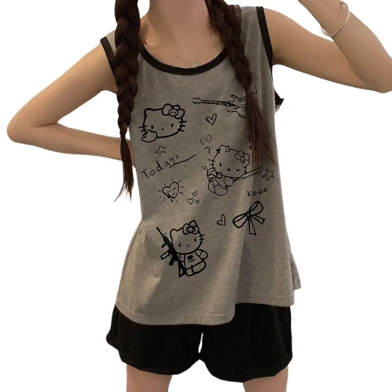 

Летние пижамы без рукавов Sanrio, 2 шт., жилет с героями мультфильмов Kuromi для девочек, популярные студенческие шорты «Hello Kitty», модная домашняя одежда My Melody